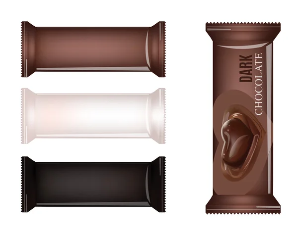 Vector tomma förpackningar för kex, rån, kex, godis, choklad Bar, chokladkaka, Snacks. Chokladstång Design isolerade på vit bakgrund. Flytande choklad hjärtat godis. — Stock vektor