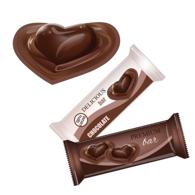 Vektör gıda ambalaj bisküvi, gofret, kraker, şeker, çikolata Bar, çikolata, aperatifler. Çikolata bar tasarım izole beyaz arka plan. Sıvı çikolata kalp şeker.