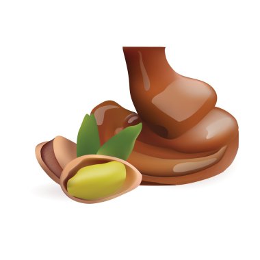Vector Realistic Collection of Liquid Melted Pouring Chocolate and Pistachio. Isolated on White Background. Design Element For Dessert Food Packaging and Wrapping