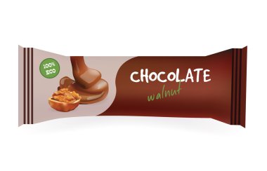 Chocolate Bar with Walnut. Mock-Up For Your Design and Branding. Snak Wrapper Template.Food Packaging. Vector Illustration.