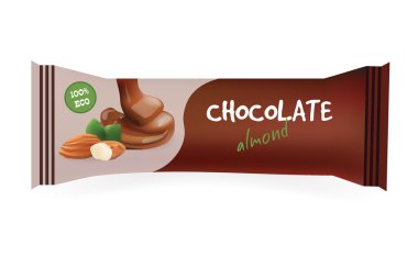Bademli Çikolatalı Çikolata. Tasarım ve Marka için Mock-Up. Snak Sarma Şablonu.Gıda Ambalaj. Vektör İllüstrasyonu.