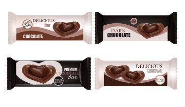 Vektör gıda ambalaj bisküvi, gofret, kraker, şeker, çikolata Bar, çikolata, aperatifler. Çikolata bar tasarım izole beyaz arka plan. Sıvı çikolata kalp şeker.