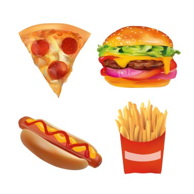 Vektör Gerçekçi fast Food Set. Burger, Pizza, İçecek, Kahve, Patates Kızartması, Sosisli Sandviç, Ketçap, Hardal. Beyaz arka planda yalıtılmış