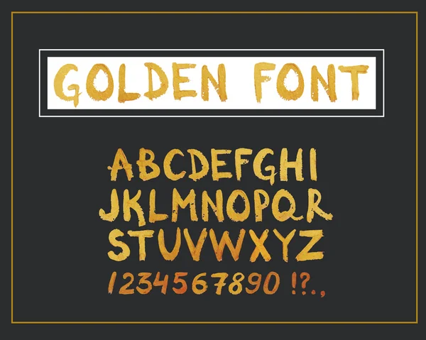 Golden Hand Drawn Font. Hand Written Metallic Modern Alphabet and Numbers. Vector Design Symbols. — Stock vektor