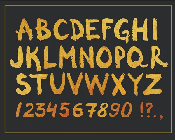 Golden Hand Drawn Font (em inglês). Mão Escrito Glitter Alfabeto moderno e números. Símbolos de Design de Vetor . —  Vetores de Stock