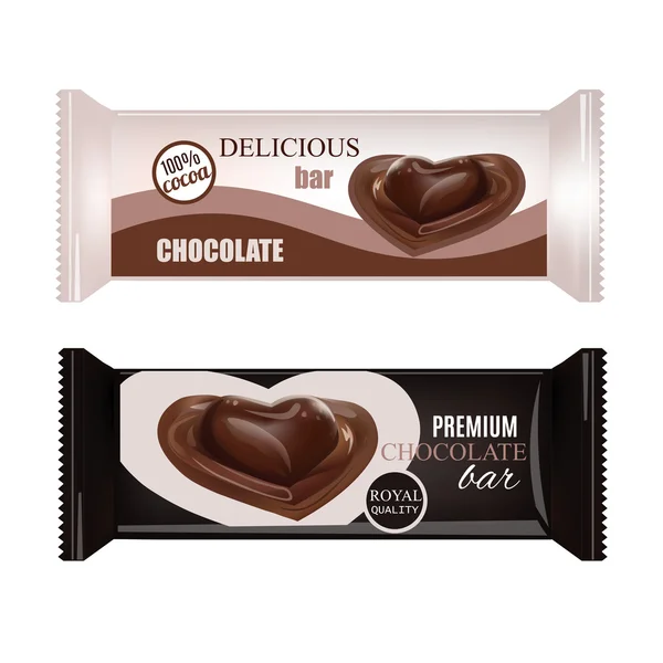 Emballage vectoriel d'aliments pour biscuits, gaufrettes, craquelins, bonbons, barres de chocolat, barres de bonbons, collations. Design de barre de chocolat isolé sur fond blanc. Bonbons cardiaques au chocolat liquide . — Image vectorielle