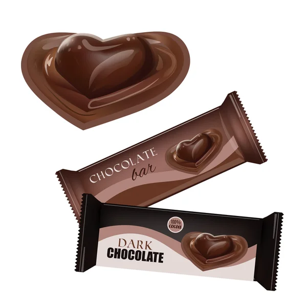 Vector livsmedelsförpackningar för kex, rån, kex, godis, choklad Bar, chokladkaka, Snacks. Chokladstång Design isolerade på vit bakgrund. Flytande choklad hjärtat godis. — Stock vektor
