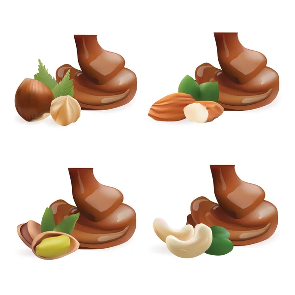 Vector Realistic Collection of Liquid Melted Pouring Chocolate and Nuts. Isolado no fundo branco. Elemento de design para embalagem e embrulho de produtos — Vetor de Stock