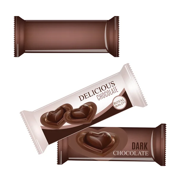 Vektor üres Élelmiszer-csomagolás a keksz, ostya, kekszek (krekkerek), édesség, csokoládé, cukorka bár, snack. Chocolate bar Design elszigetelt fehér háttérben. Folyékony csokoládé szív édességet. — Stock Vector