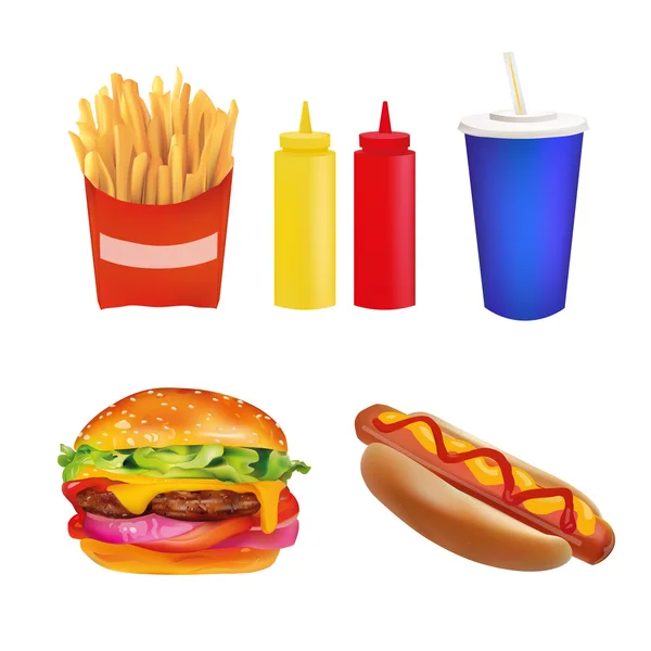 Vector Realistic fast Food Set. Burger,  Beverage, Coffee, French Fries, Hot Dog, Ketchup, Mustard. Isolated On White background — Stock vektor