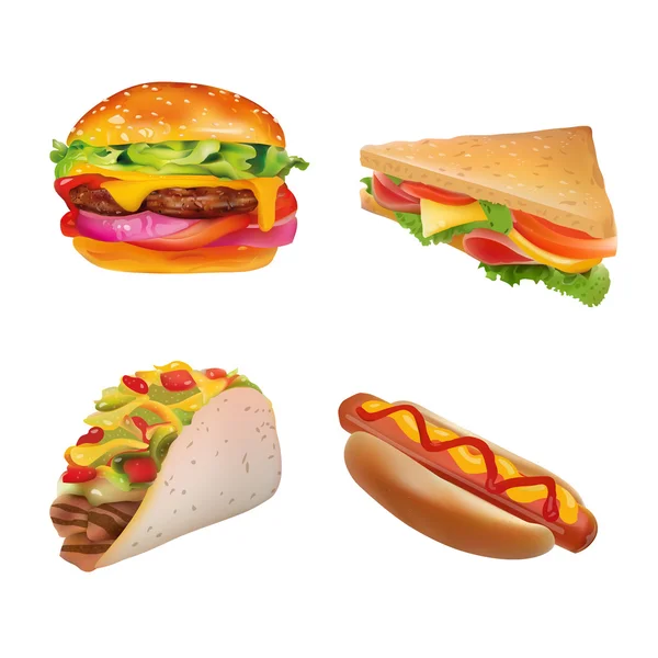 Set de comida rápida realista vectorial. Hamburguesa, Hot Dog, Sandwich, Taco. Aislado sobre fondo blanco . — Vector de stock