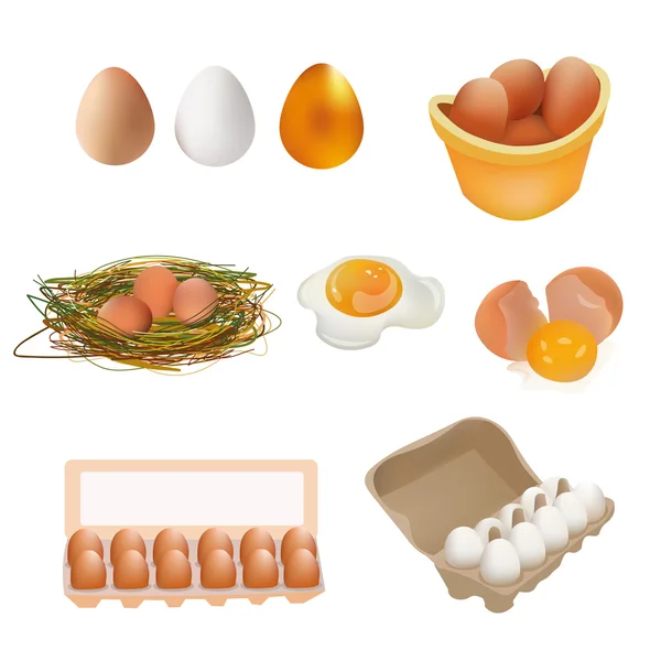 Conjunto de iconos de huevo. Blanco, marrón, huevo dorado, huevo roto y huevo frito, huevos en caja, nido. Icono de ilustración vectorial. Aislado sobre fondo blanco — Vector de stock