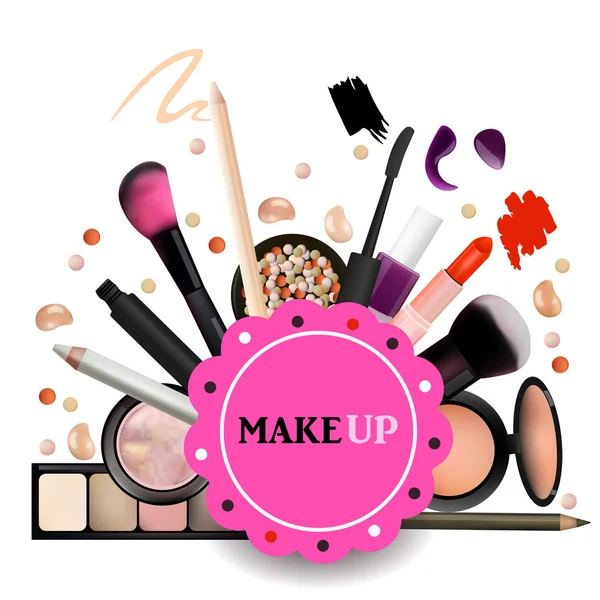 Make Up Artist objekt. läppstift, ögonskuggor, eyeliner, concealer, nagellack, penslar, pennor, paletter, pulver. Vector Emblem. Realistisk Design. — Stock vektor