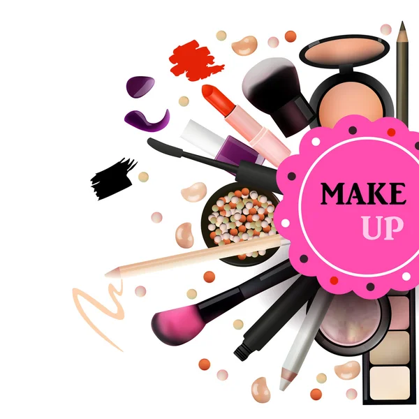 Make Up Artist Objects (em inglês). batom, sombras oculares, delineador, corretor, esmalte, pincéis, lápis, paletas, pó. Vector Emblem. Design de vetores realista . —  Vetores de Stock