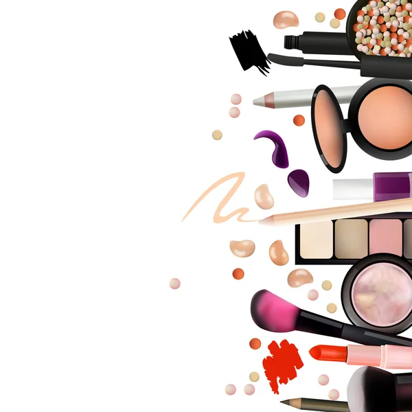 Make-up Artist objecten. lippenstift eye shadows, eyeliner, concealer, nagellak, borstels, potloden, paletten, poeder. Vector mooie achtergrond. Realistische Vector Design. — Stockvector