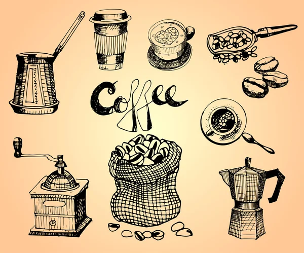 Handgezeichnetes Kaffeeservice vorhanden. Vektorgrafische Illustration. Gestaltungselemente für Speisekarte, Restaurant, Geschäft, Café. — Stockvektor
