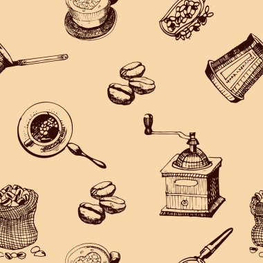 Fasulye ile dikişsiz kahve arka plan, çanta, pot. Çizim stilinde elle çizilmiş çizim. 