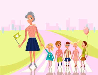 Teacher lead Kids cross the Street to School, Kindergarten, Preschoo?. Education Concept.Vector Character Illustration.