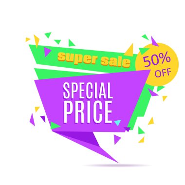 Süper Satış ve Özel Fiyat kağıt afiş. Satış geçmişi. Satış etiketi. Satış afişi. Satış vektörü. Özel Teklif. Alışveriş Banner Şablonu. %50'si azaldı. Vektör çizimi.