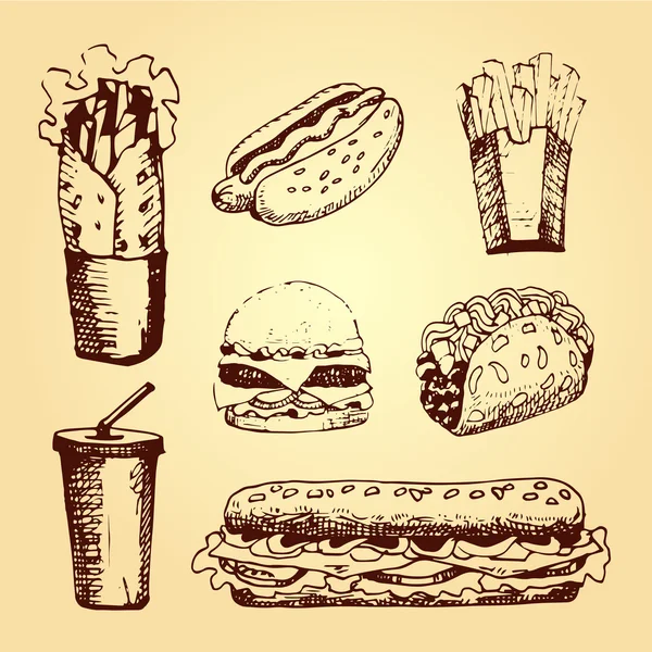 Set med snabbmats hand ritad illustration. Skiss vektor illustration. Snabbmatsrestaurang, snabbmat meny. Hamburgare, varmkorv, smörgås, mellanmål, pommes frites, taco, hamburgare — Stock vektor