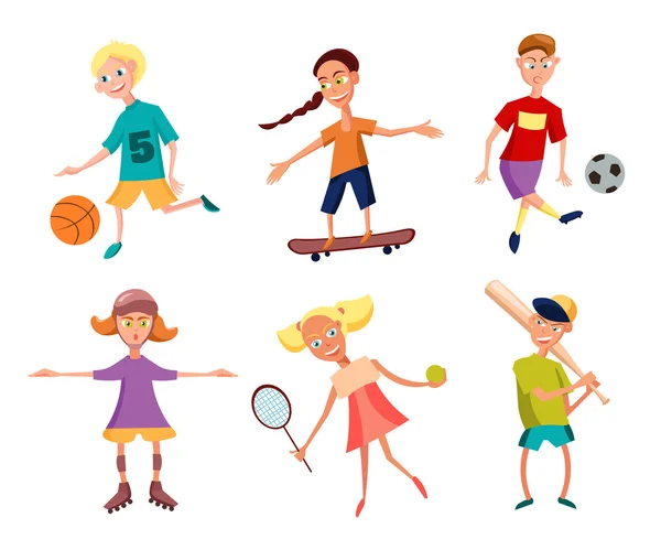 Colección de lindos niños felices jugando deportes. Niños activos. Ilustración vectorial — Vector de stock