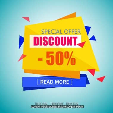 İndirimli Satılık Kağıt Afiş Tasarım. Büyük Satış etiketi. Satış afişi .%50 indirim. Promosyon broşür, afiş, reklam alışveriş el ilanı, indirim, afiş için Özel Teklif Tag.Sale Vektör İllüstrasyon.