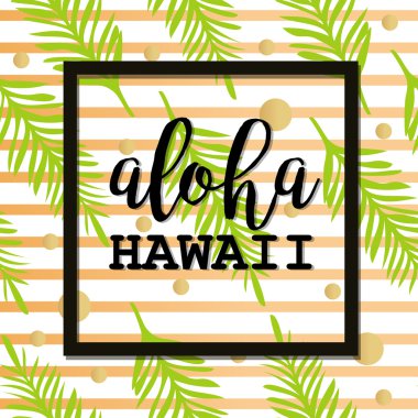 Palmiye yaprağı ve yazı ile yaz afişi. Altın Çizgiler ve Nokta. Palmiye yapraklarının yaz tropikal arka plan. Vektör yaz arka plan. Dikişsiz yaz tropikal desen. Aloha Hawaii