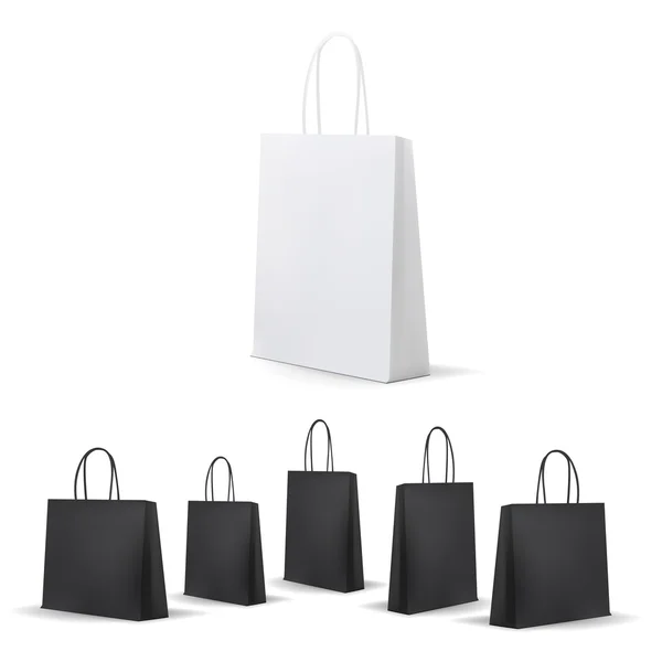 Vyprázdněte Nákupní taška bílá a černá sada pro reklamu a značku. Maketa balíček. Vektorové ilustrace. — Stockový vektor