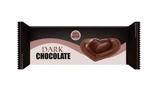 Vector voedselverpakking voor Biscuit, Wafer, Crackers, snoep, chocolade Bar, snoep, Snacks. Chocolade bar Design geïsoleerd op witte achtergrond. Vloeibare chocolade hart Candy. — Stockvector