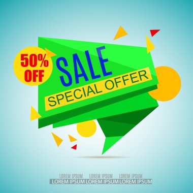 Satılık Kağıt Banner Design.Sale arka plan. Büyük Satış etiketi. Satış afişi .%50 indirim. Promosyon broşür, afiş, reklam alışveriş el ilanı, indirim, afiş için Özel Teklif Tag.Sale Vektör İllüstrasyon.