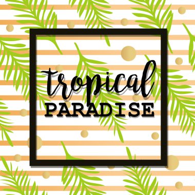 Yaz poster palmiye yaprağı ve yazı ile. Altın çizgiler ve noktalar. Yaz tropikal arka plan palmiye yaprakları. Vektör yaz poster ve el ilanı. Sorunsuz yaz tropikal desen. Tropik cennet.