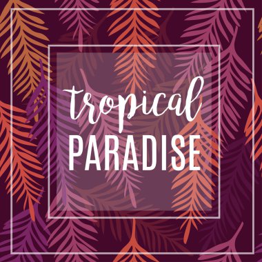 Palmiye yapraklarının tropik arka planı. Dikişsiz tropikal palmiye arka plan bırakır. Dikişsiz yaz deseni. Tropikal Desen. Vektör Deseni. Palmiye Yaprakları Desen. El İlanı, Kart, Davetiye Için Yazdırılabilir Tipografi.