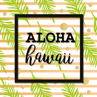 Palmiye yaprağı ve yazı ile yaz afişi. Altın Çizgiler ve Nokta. Palmiye yapraklarının yaz tropikal arka plan. Vektör yaz afişi. Dikişsiz yaz tropikal desen. Aloha Hawaii