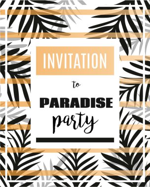 Yaz Partisi poster palmiye yaprağı ve yazı ile. Paradise partisi davetiyesi. Soyut palmiye dalı. Tebrik kartı, davet, parti el ilanı. Typographycal Poster. Vektör çizim.