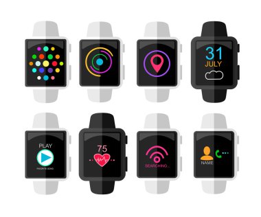 Akıllı seyretmek ile arayüzü ve App simgeleri ayarlayın. Konsept tasarımı. Vektör çizim. Düz stil.