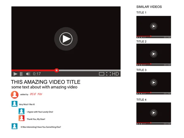 ビデオ プレーヤーの web サイトとブラウザー ウィンドウをベクトルのモックアップします。ユーザー コメントです。メディア プレーヤー テンプレート。ビデオ プレーヤーのインターフェイス — ストックベクタ
