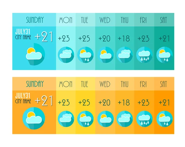 Weersverwachting. Weater Widget. Blauwe en oranje kleuren. Vectorillustratie — Stockvector