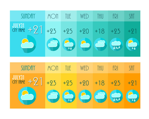 Weather Forecast. Weater Widget. Blue and Orange Colors. Vector Illustration