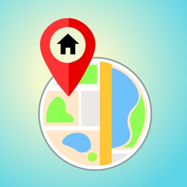 Eve PIN düz harita. Vektör konum işaretçisi simgesine. Haritadaki işaretleri.