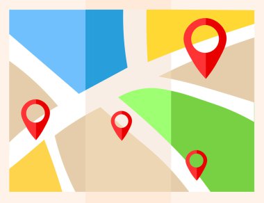 Düz harita iğne ile. Vektör konum işaretçisi simgesine. Haritadaki işaretleri.