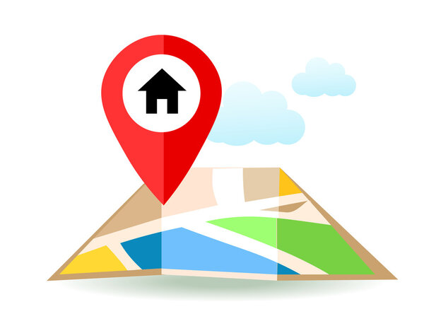 Flat map with home pin. Vector location pointer icon. Markers on the Map.