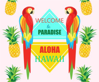 Papağan ve ananas, vektör geometrik çizim ile Seamless modeli. Tropikal yaz Poster.