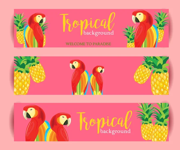 Bandeira de fundo tropical com papagaio e abacaxi. Ilustração vetorial —  Vetores de Stock