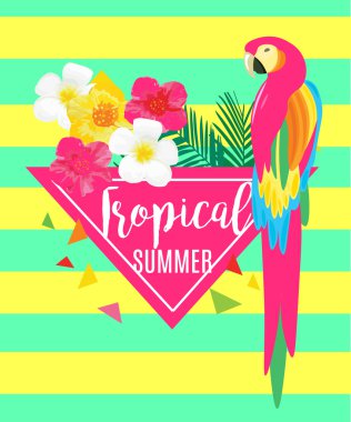 Papağan, Egzotik Çiçekler ve Ananas. Çizgili vektör geometrik illüstrasyon. Tropikal Yaz Afişi.