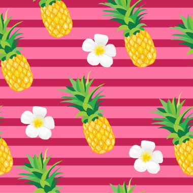 Egzotik Çiçekler Dikişsiz Desen ile Ananas. Duvar kağıdı, arka plan, sarıcı veya tekstil için Tropikal Yaz İllüstrasyon