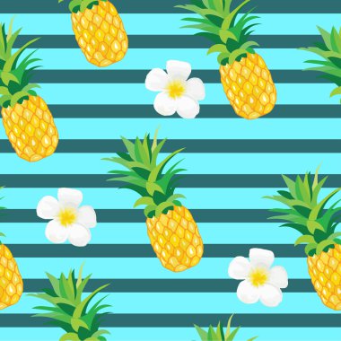 Egzotik Çiçekler Dikişsiz Desen ile Ananas. Duvar kağıdı, arka plan, sarıcı veya tekstil için Tropikal Yaz İllüstrasyon