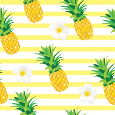 Egzotik Çiçekler Dikişsiz Desen ile Ananas. Duvar kağıdı, arka plan, sarıcı veya tekstil için Tropikal Yaz İllüstrasyon