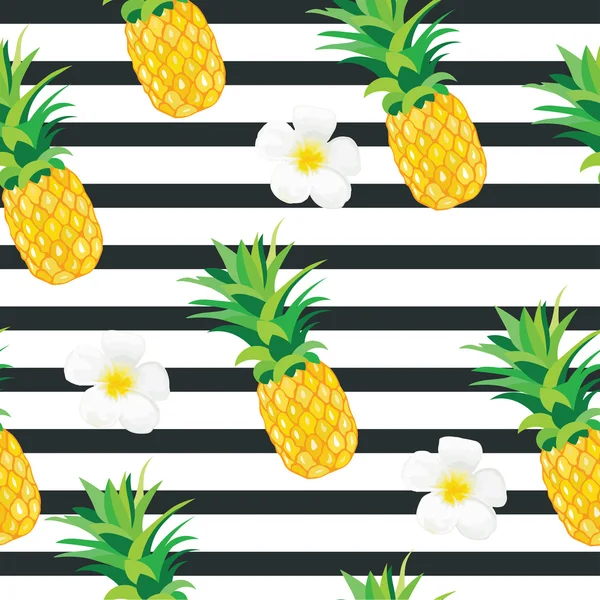 Ananas con fiori esotici modello senza soluzione di continuità. Illustrazione tropicale estiva per carta da parati, sfondo, involucro o tessile — Vettoriale Stock