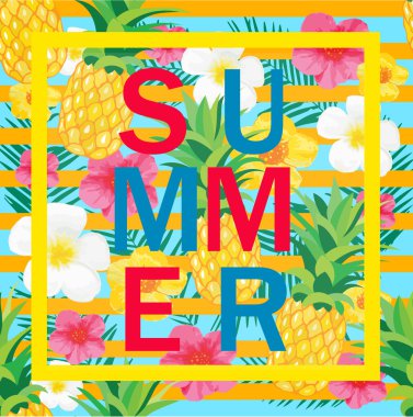 Ananas, Egzotik Çiçekler ile Tropikal Arka Plan. Yaz Kelimesi. Banner, Fon, t-shirt, Poster, Tekstil için Vektör İllüstrasyon