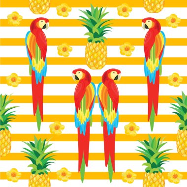 Papağan ve Ananas Dikişsiz Desen. Egzotik Çiçekler. Duvar kağıdı, arka plan, sarıcı veya tekstil için Tropikal Yaz İllüstrasyon